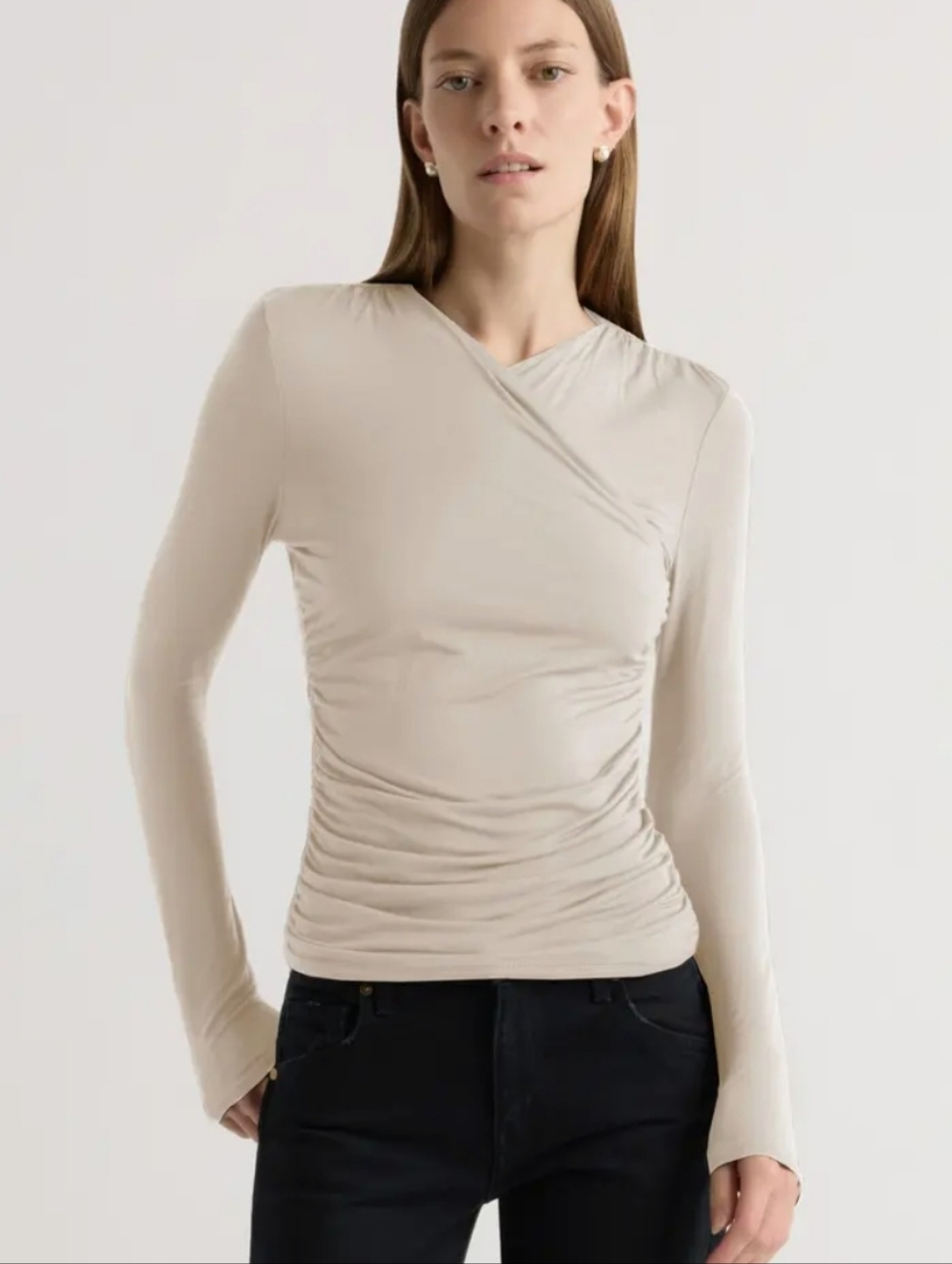 NWOT Modern Citizen Lilou Wrap-Neck Long-Sleeve Tee Pampas Beige Smocked Basic L